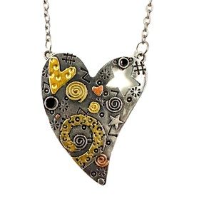 Women’s Creative Love Heart Star Metal Pendant Necklace Silvery 1.75” Chain 20”